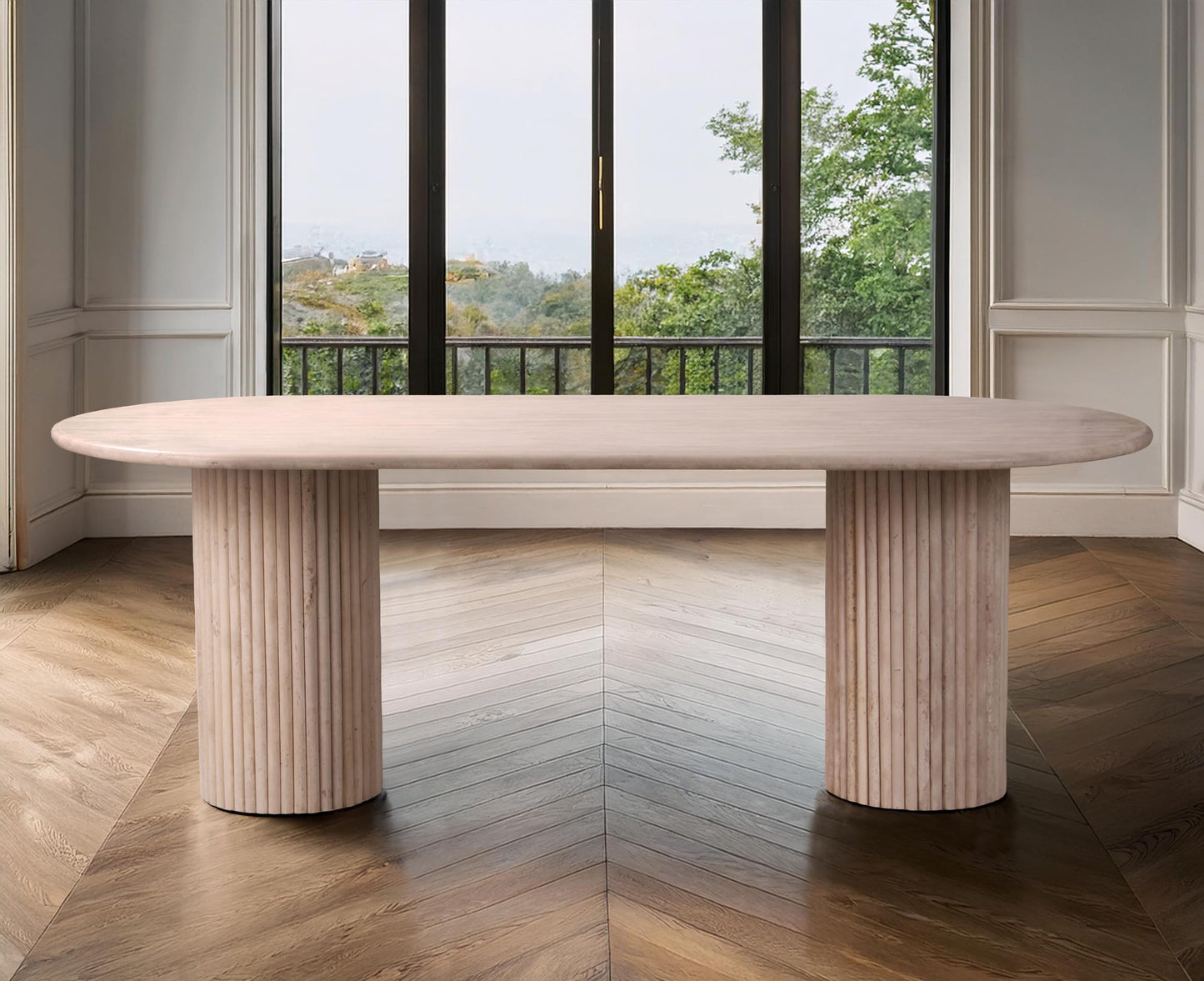 Meridian Furniture Messina Collection Art Deco Travertine Dining Table, Fluted Travertine Bases, Oval Top, 87" W x 39.5" D x 30" H, Beige Travertine