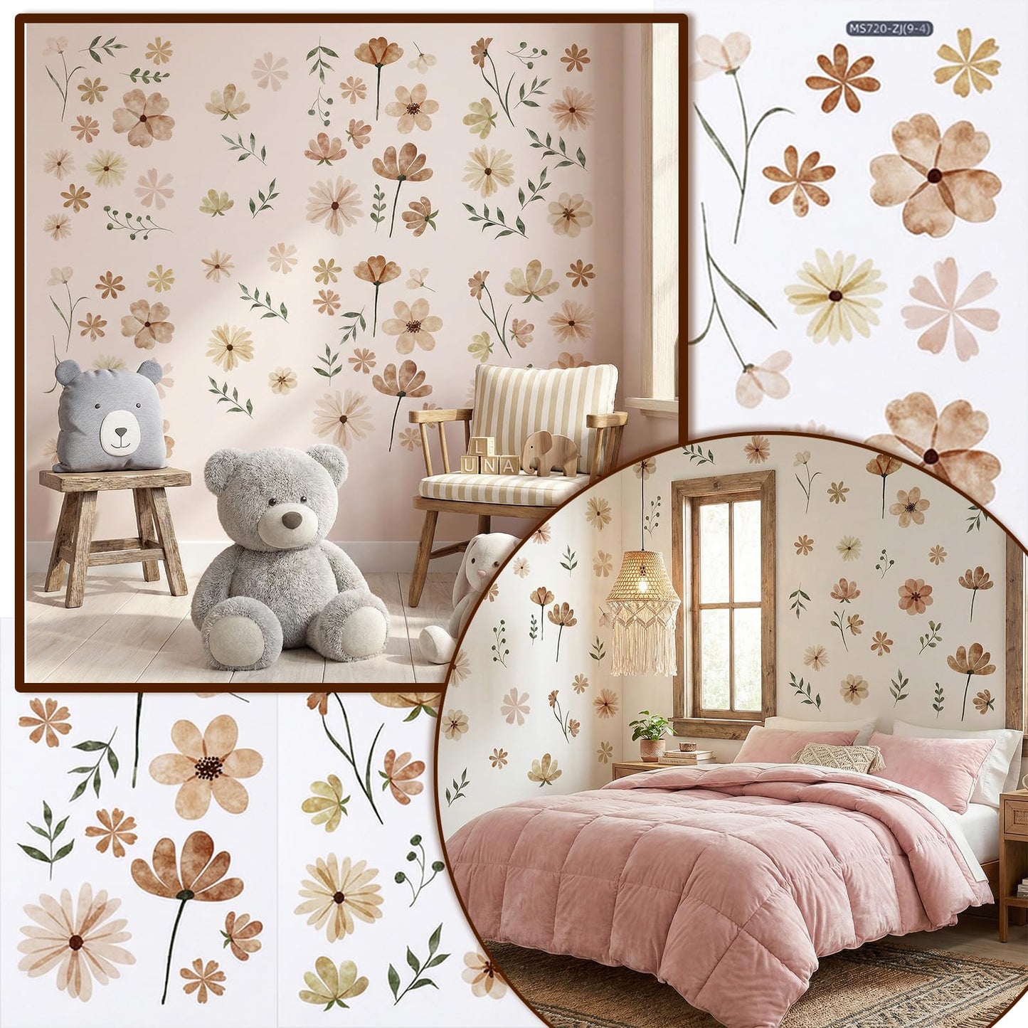 104 Pcs Daisy Wall Decals Boho Flower Stickers Wildflower for Girls' Rooms Playrooms and Nurseries Art Bedroom Classroom Removable Peel and Stick Wall Decor Cute Decorations 9 Sheets