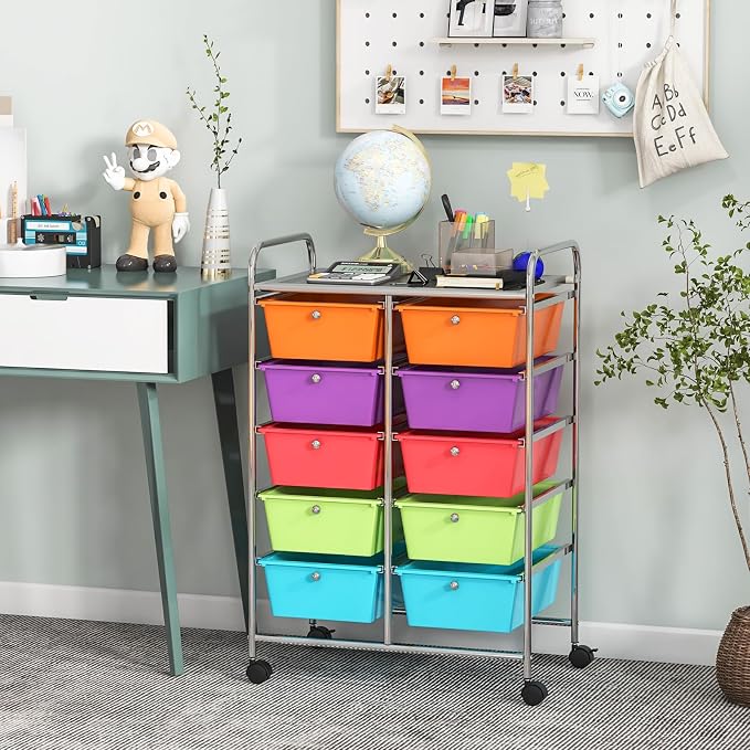 Giantex 10 Drawers Rolling Cart, Classroom Organizers, Storage Cart with Wheels, for Teacher Office Home School Supplies Tool Craft Art Paper, Rainbow Color