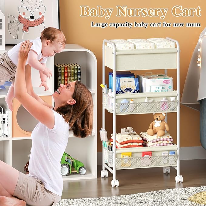 3-Tier Baby Diaper Caddy Cart Organizer,Mobile Nursery Storage Carts with Wheels,With 2 Dividers&14 Mesh Pockets Durable Metal Utility Cart for Nursery, Bedroom, Bathroom, Baby Essentials Organization