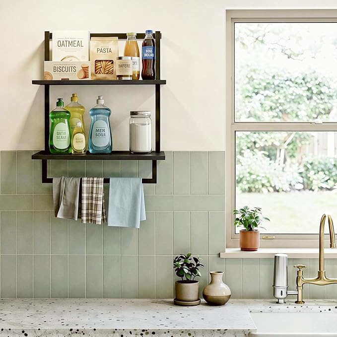 Wall Mounted Towel Rack for Bathroom, Bath Storage Holder 3-Tier Steel Wood Towel Shelf with Bar, Black