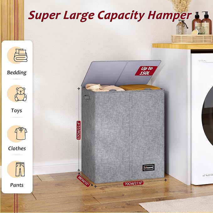 150L Laundry Hamper 2 Section, Large Laundry Hamper with Lid, Dirty Clothes Hamper with 2 Removable Inner Bags, Collapsible Laundry Basket Organizer for for Clothes Toys Towels, Hamper 2 Compartment