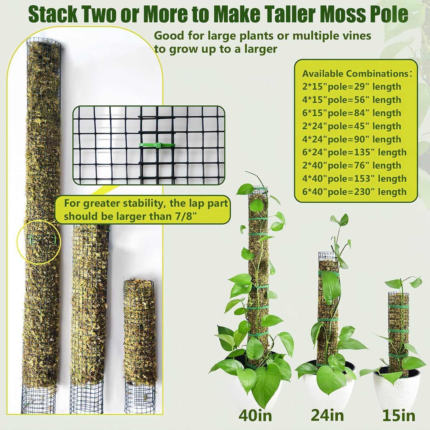 HOLANHING 6 Pack Metal Moss Pole, 15" Moss Poles for Plants Monstera, Stackable Sphagnum Moss Pole for Climbing Plants (6 Pack 15")
