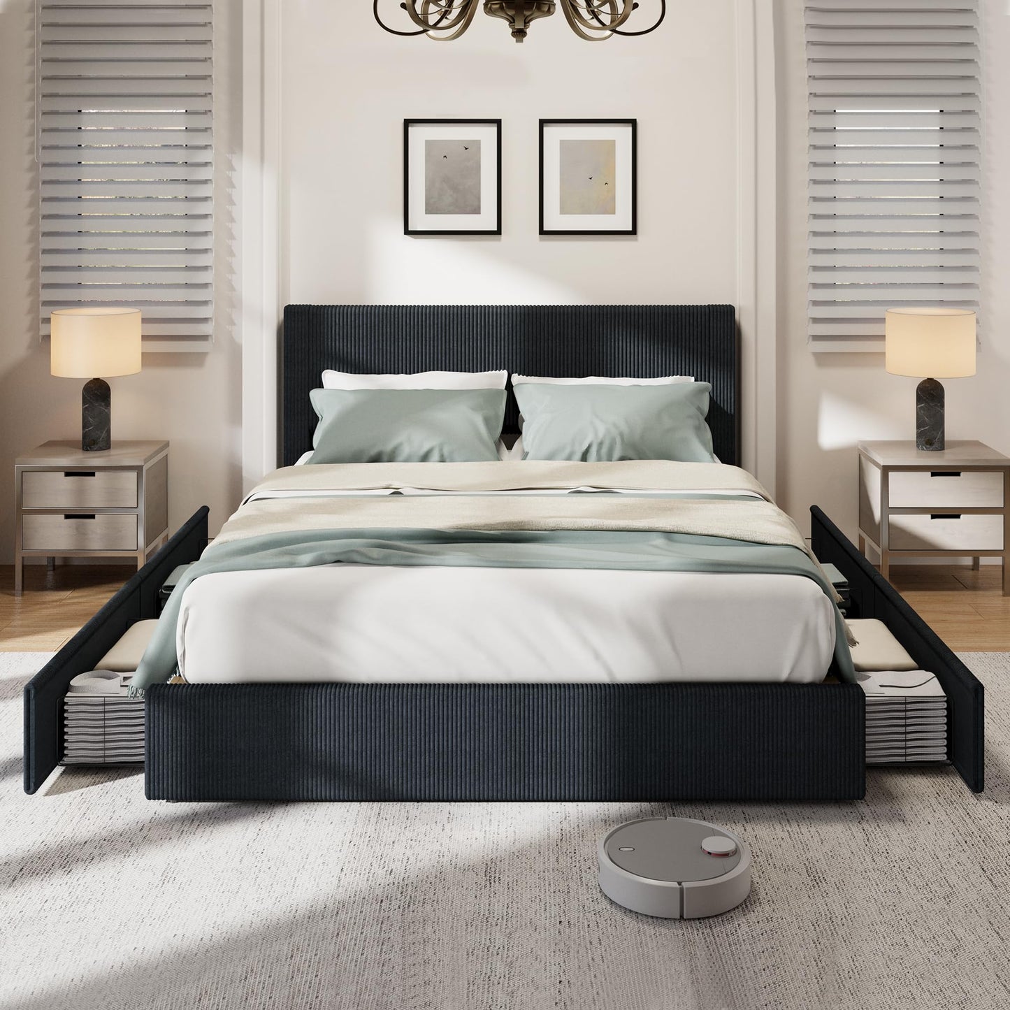 IDEALHOUSE Full Size Bed Frame with Tufted Wingback Headboard, Platform Corduroy Upholstered Bed Frame with 4 Storage Drawers and Wooden Slats Support, No Box Spring Needed, Black