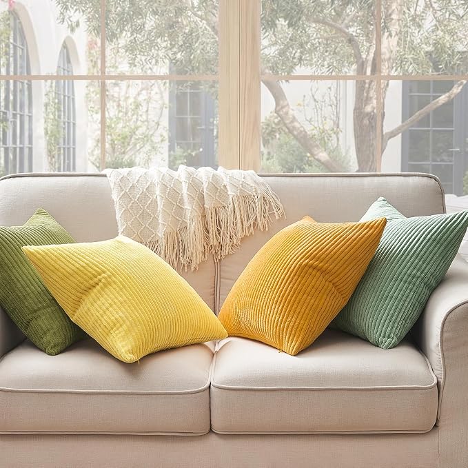 Topfinel Summer Throw Pillows Covers 16x16 Inch Set of 4,Yellow Sage Green Colorful Decorative Vanilla Girl Room Decor Cushion Cases,Couch Sofa Living Room Striped Corduroy Modern Home Decor