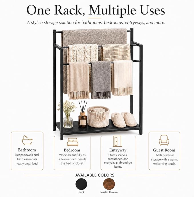 24.8" W Freestanding Towel Rack, 3 Tier Blanket Ladder Stand with Black Wooden Shelf for Bathroom Living Room