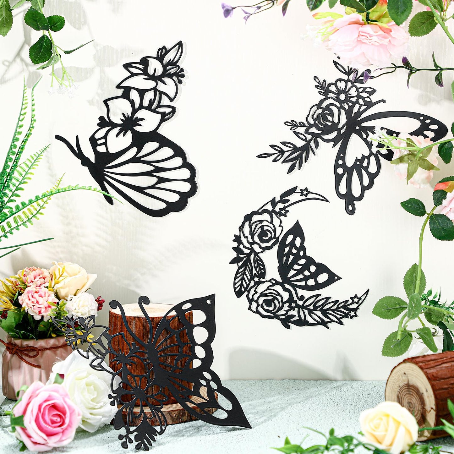LOYIM 4 Pcs Butterfly Wall Decoration Metal Butterfly Wall Decor Metal Leaf Wall Art Moon Phases Floral Boho Wall Hanging Home Flower Appearance for Bedroom Living Room Home Indoor (Black,Graceful)