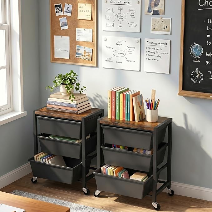 Rolling Cart with 3 Drawers, Plastic Drawer Storage Carts with Lockable Wheels & Wooden Tabletop, Metal Art Craft Utility Cart Organizer for Home Office Bedroom Dorm Bedside Classroom, Dark Black