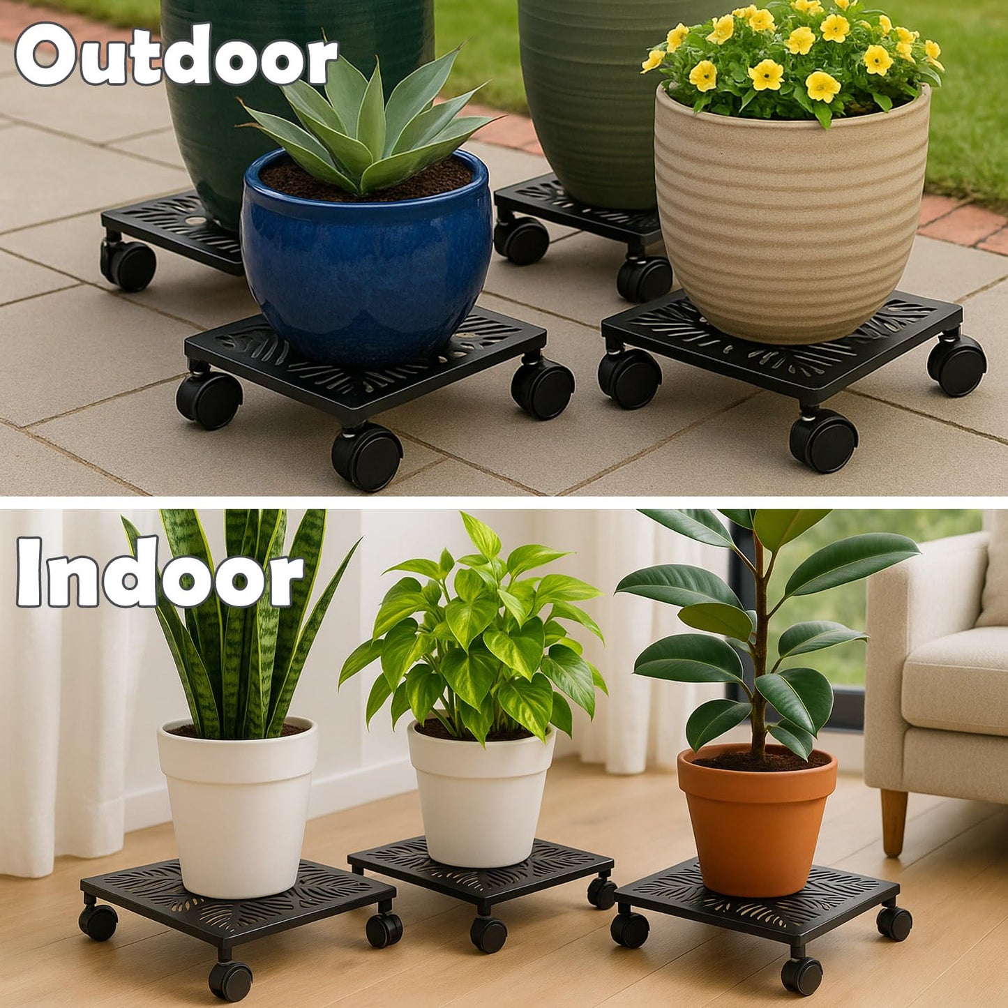 1-pack 13.5 Inches Square Metal Plant Caddy with Wheels Heavy Duty Large Rolling Plant Stand Indoor Outdoor Wheeled Planter Dolly Cart with Lockable Casters Flower Pot Mover Roller Trolley, Black