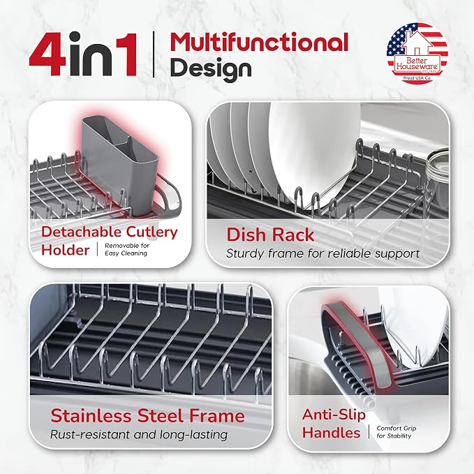 Better Houseware in Sink Dish Drying Rack, Dish Drying Rack in Sink with Non-Slip Handles, Stainless Steel Space-Saving Design, Dish Rack Holds 8 Plates, 12.25 x 18 x 10.75 Inch, Gray