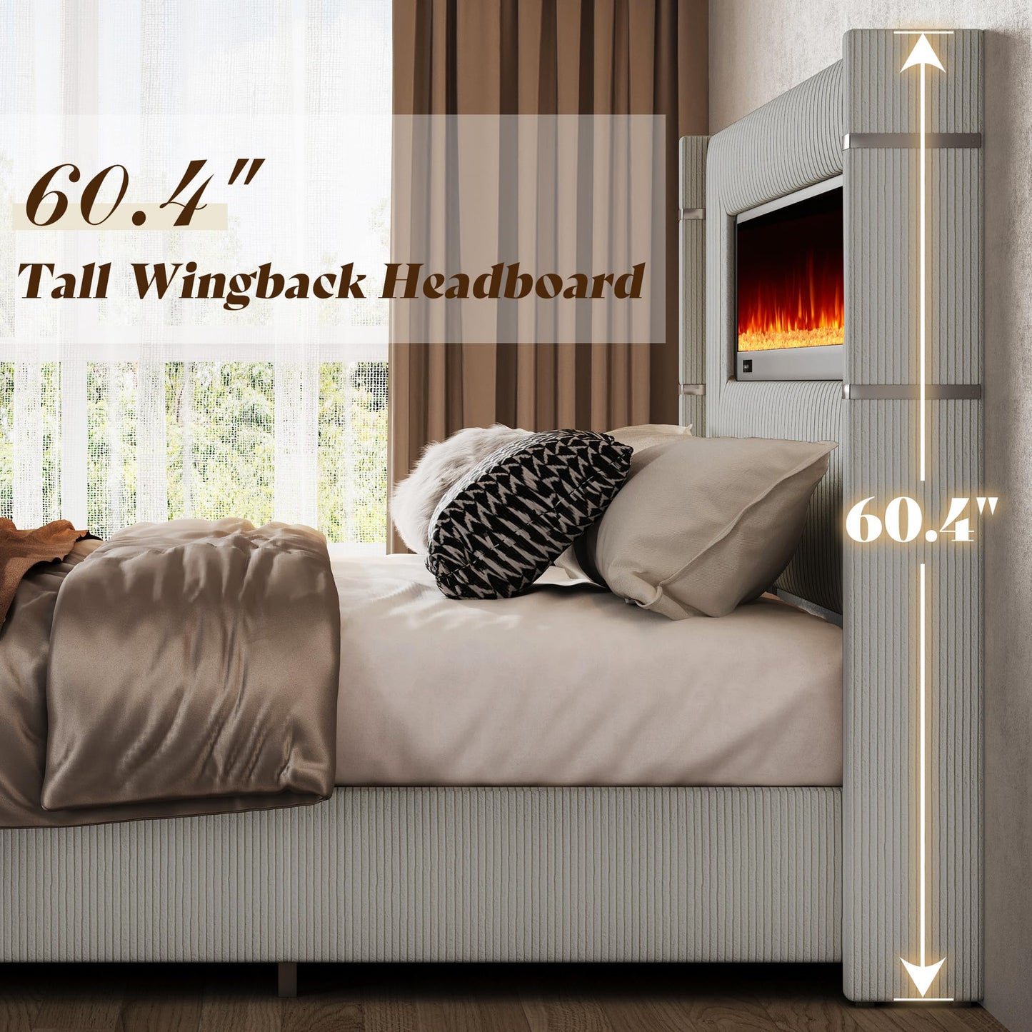AMERLIFE Modern King Size Bed Frame with Fireplace, Corduroy Upholstered Bed Frame with 60.4“ Extra Tall Headboard, Wingback Platform Bed Frame Wooden Slats/No Box Spring Needed, Greige