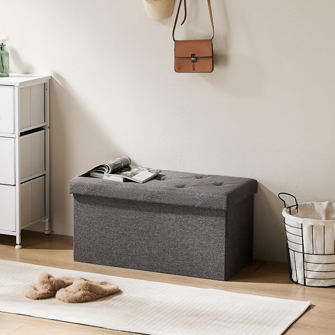 Sweetcrispy 30 Inch Folding Storage Ottoman Bench, Large Hidden Storage Chest with Padded Seat, Foot Rest Stool Supports Up to 660Lbs, End of Bed Bench for Bedroom, Living Room, Linen Fabric, Grey