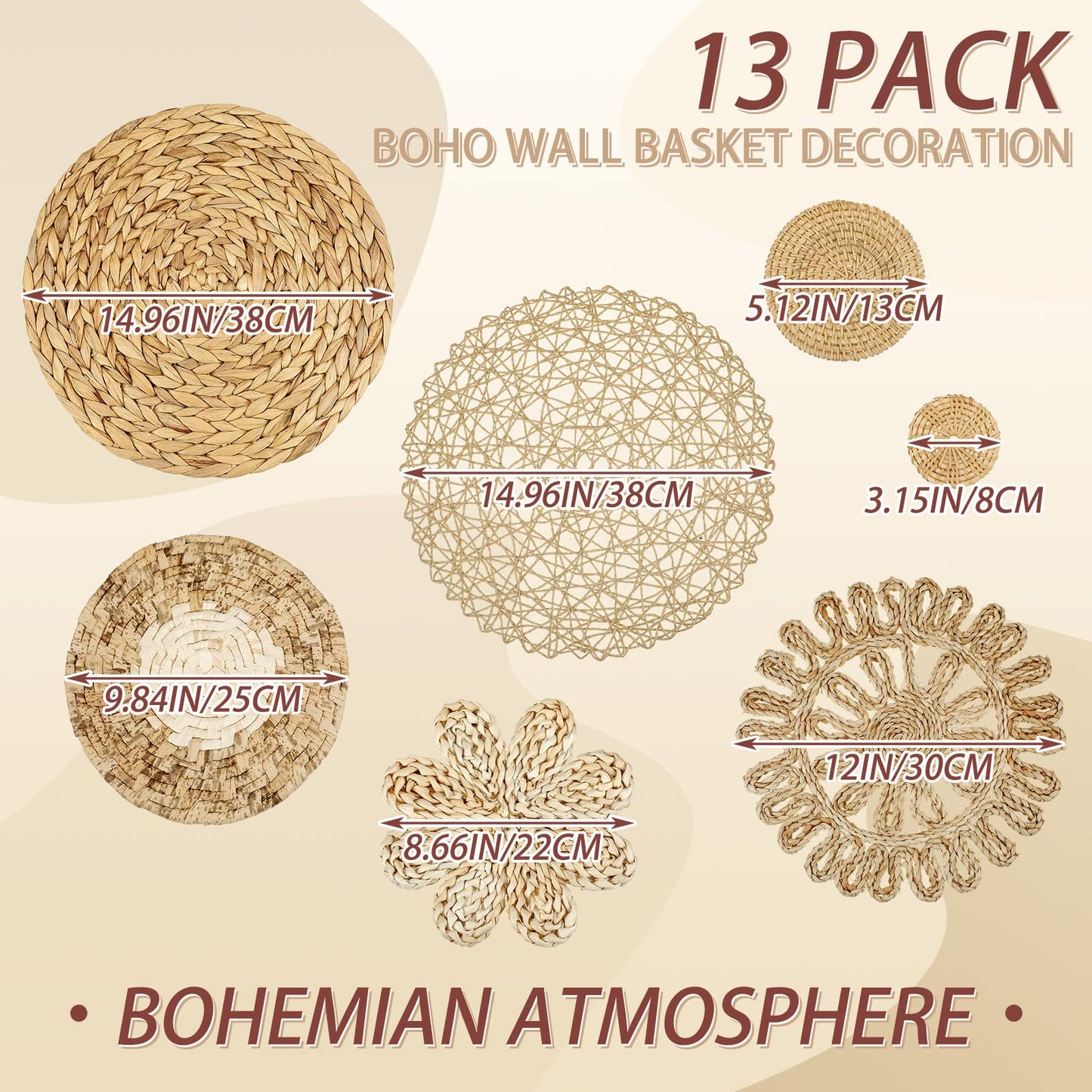 Glenmal Set of 13 Boho Wall Basket Decor Woven Rattan Flat Baskets Handmade Boho Wicker Bamboo Seagrass Wall Hanging Decor for Bedroom Living Room Dining Room Office Ready to Hang(Plain)