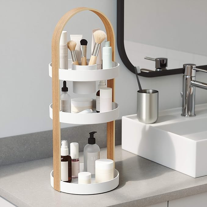 Umbra Bellwood Caddy, Organizer for Makeup and Cosmetics, Durable Rotating Container with Wooden Handle, Large, White/Natural