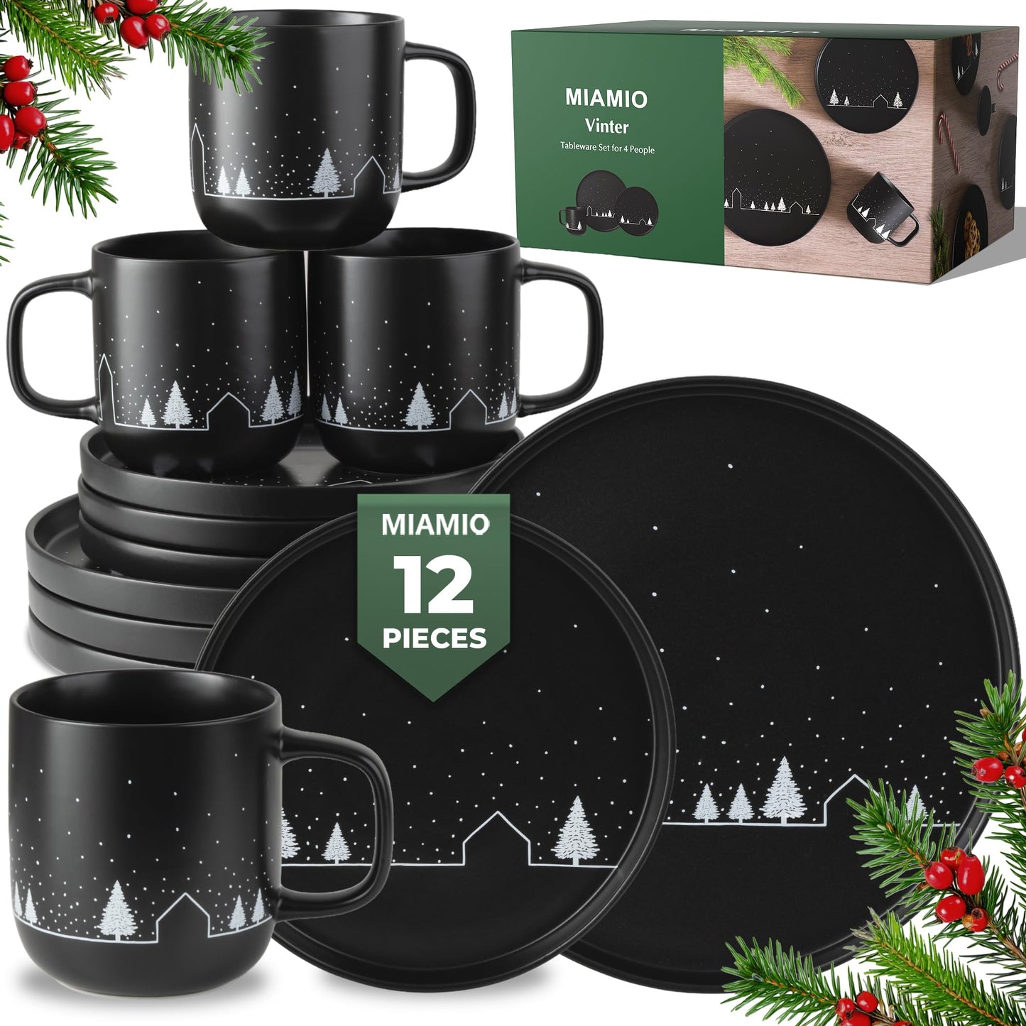 MIAMIO – Christmas Dinnerware Set 12-Piece/Christmas Plates Set with Mugs in minimalist holiday design (Service for 4) / Dishwasher and Microwave Safe – Vinter Collection