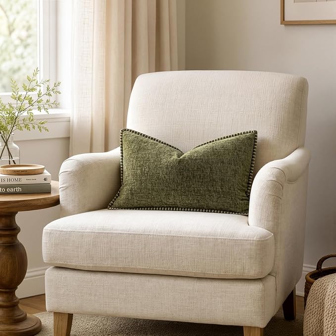 MIULEE Pack of 2 Lumbar Throw Pillow Covers 12x20 Inch Olive Green Farmhouse Decorative Pillow Covers with Stitched Edge Soft Chenille Solid Dyed Pillow Covers for Couch Sofa Bed Living Room