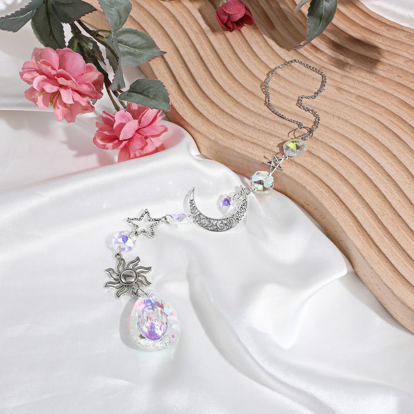 XLIUAX Moon and Star Rear View Mirror Car Charm, Cute Boho Sun Catcher Pendant Hangings Ornaments Healing Crystals Stones Car Decor for Women Men(B)