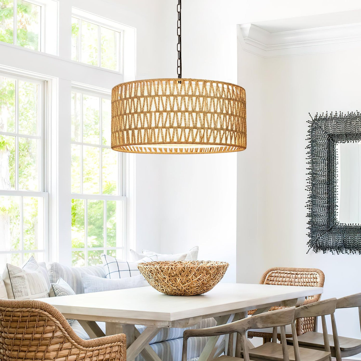 Farmhouse Chandelier Light Fixture, 5-Light Rattan Boho Chandeliers for Dining Room, Hand Woven Pendant Light with Linen Shade, Rustic Hanging Lighting for Kitchen Island, Bedroom (Bulb Not Included)
