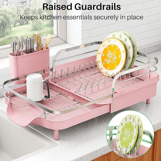 SAYZH Dish Drying Rack - Expandable Dish Rack for Kitchen Counter, Rust-Resistant Dish Drainer with Utensil Holder and Raised Guardrail, Kitchen Organizer for Cup and Bottle (Pink)