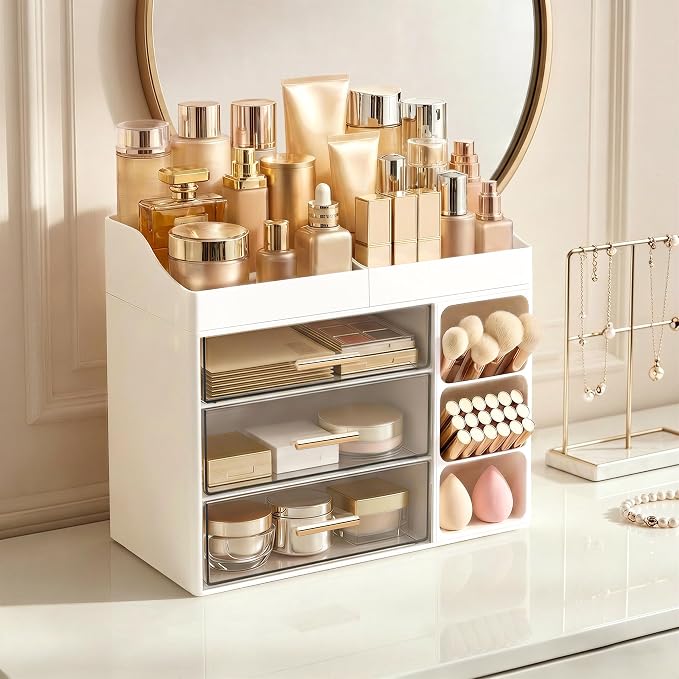 HBlife Makeup Organizer Countertop with Brush Holder, Large Bathroom Counter Organizer with Drawers, Skincare Organizers for Vanity, Plastic Dresser Organizer Storage Gift for Women Girl Mom, White