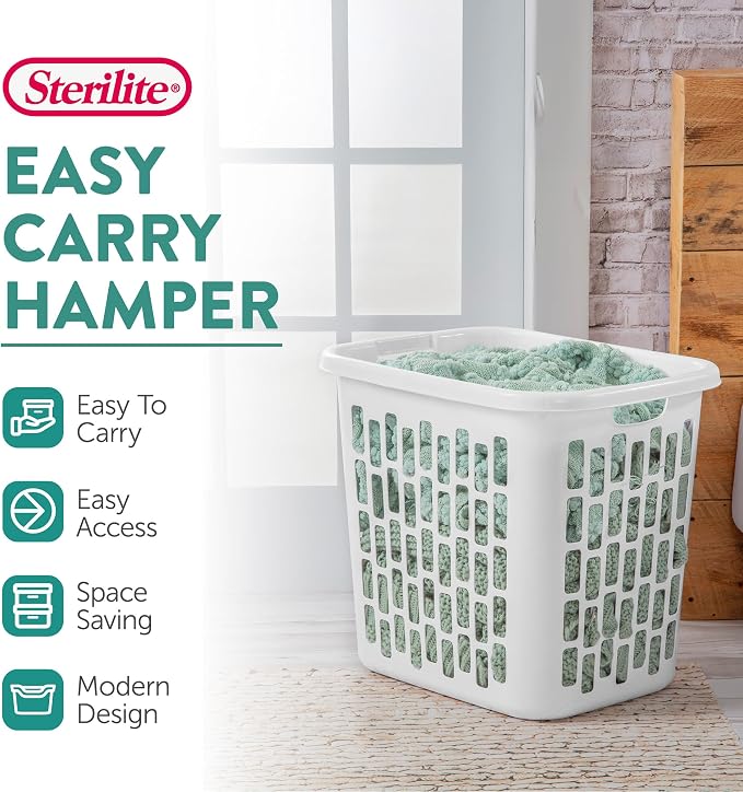 Sterilite Ultra Easy Carry Plastic Dirty Clothes Laundry Basket Hamper with Integrated Handles and Ventilation Holes, White (8 Pack)
