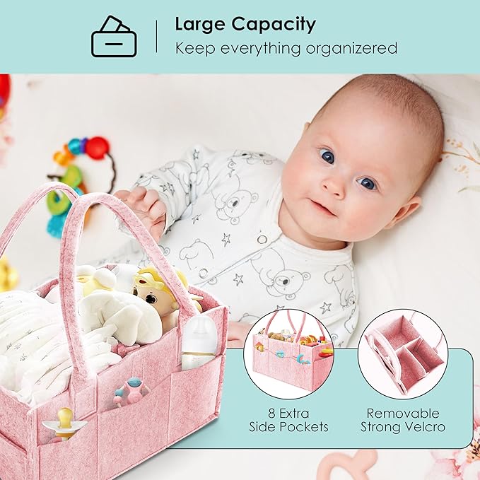 HIPHOP PANDA 2-Pack Diaper Caddy Organizer - Nursery Storage Bin & Car Organizer for Diapers, Wipes, and Baby Essentials - Dual-Color Solid Set (Pink/Oatmeal), Regular Size