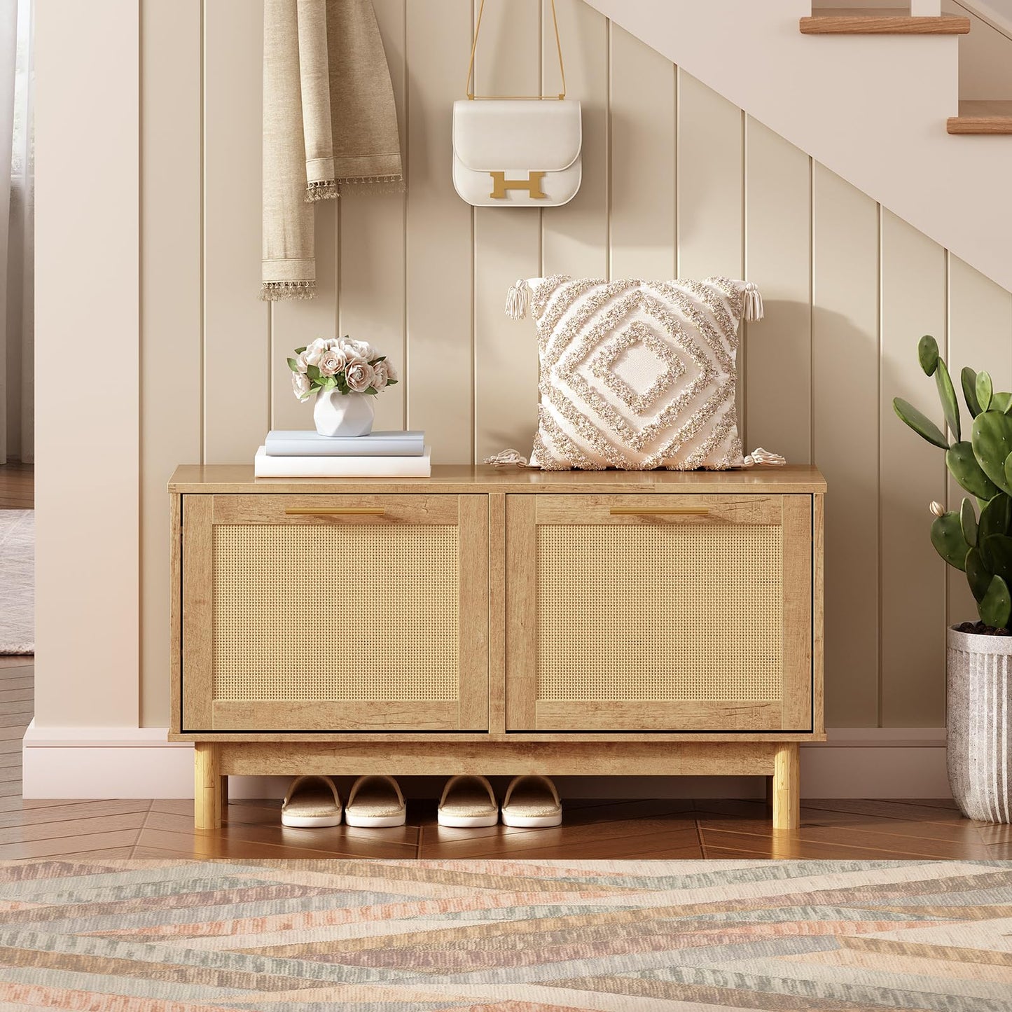 HOOBRO Shoe Storage Bench, Rattan Entryway Bench with 2 Flip Drawers, 39.4'' Hidden Shoe Cabinet with Adjustable Shelves, Comfort Seat Holds 300lb, Large Capacity Fits 8-12 Pairs, Natural NL51HX01