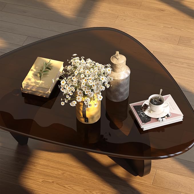 Coffee Table for Living Room Mid Century Modern Center Small Table with Glass Top and Wood, Black Brown(32 Inch)