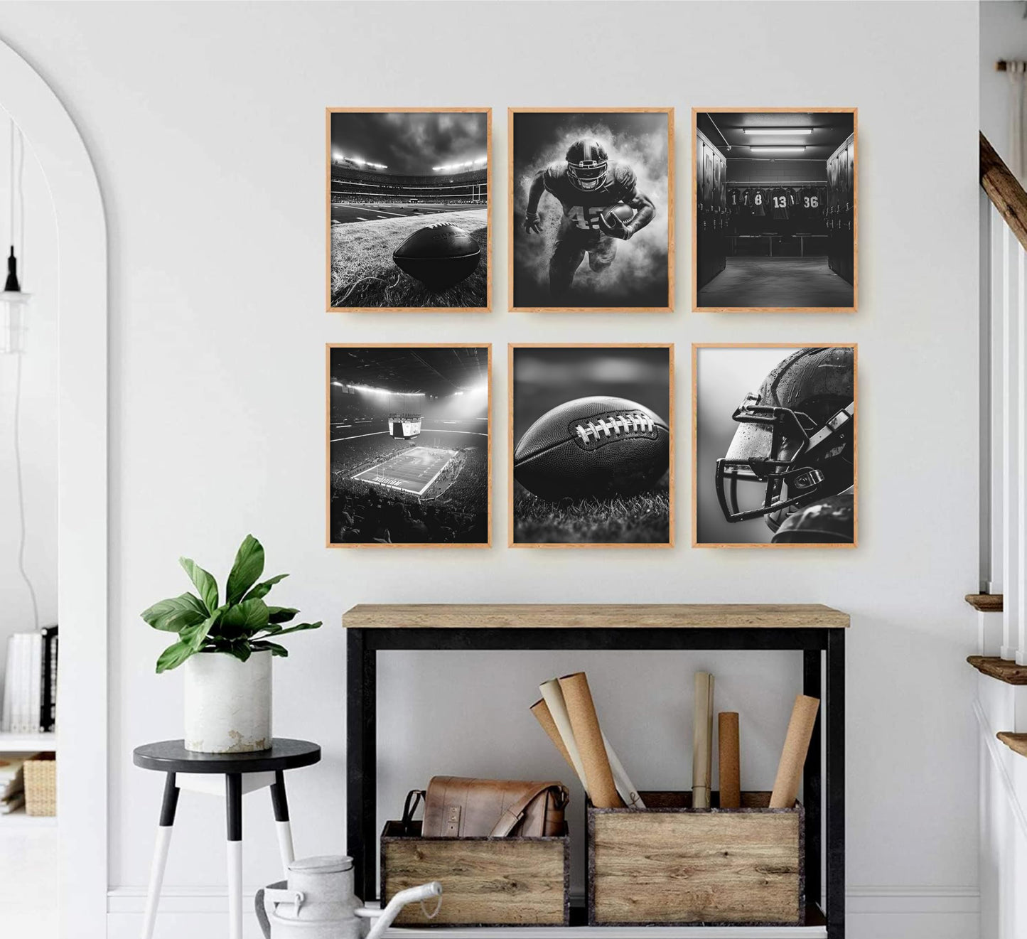 6Pcs Football Canvas Wall Art Rugby Field Stadium Sports Theme Picture Wall Decor Black White American Football Gaming Posters Painting Prints Artwork for Kids Boys Room Locker Room Dorm Living Room
