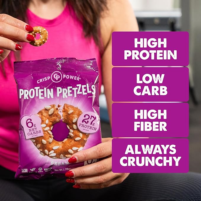 Crisp Power Protein Pretzels, Sesame, High Protein Vegan Keto Snack, 27 G Plant Based Protein, Low Carb Crunchy Pretzel Snacks, Sugar Free, No Seed Oils, 1.75 oz Bags, 24 Pack