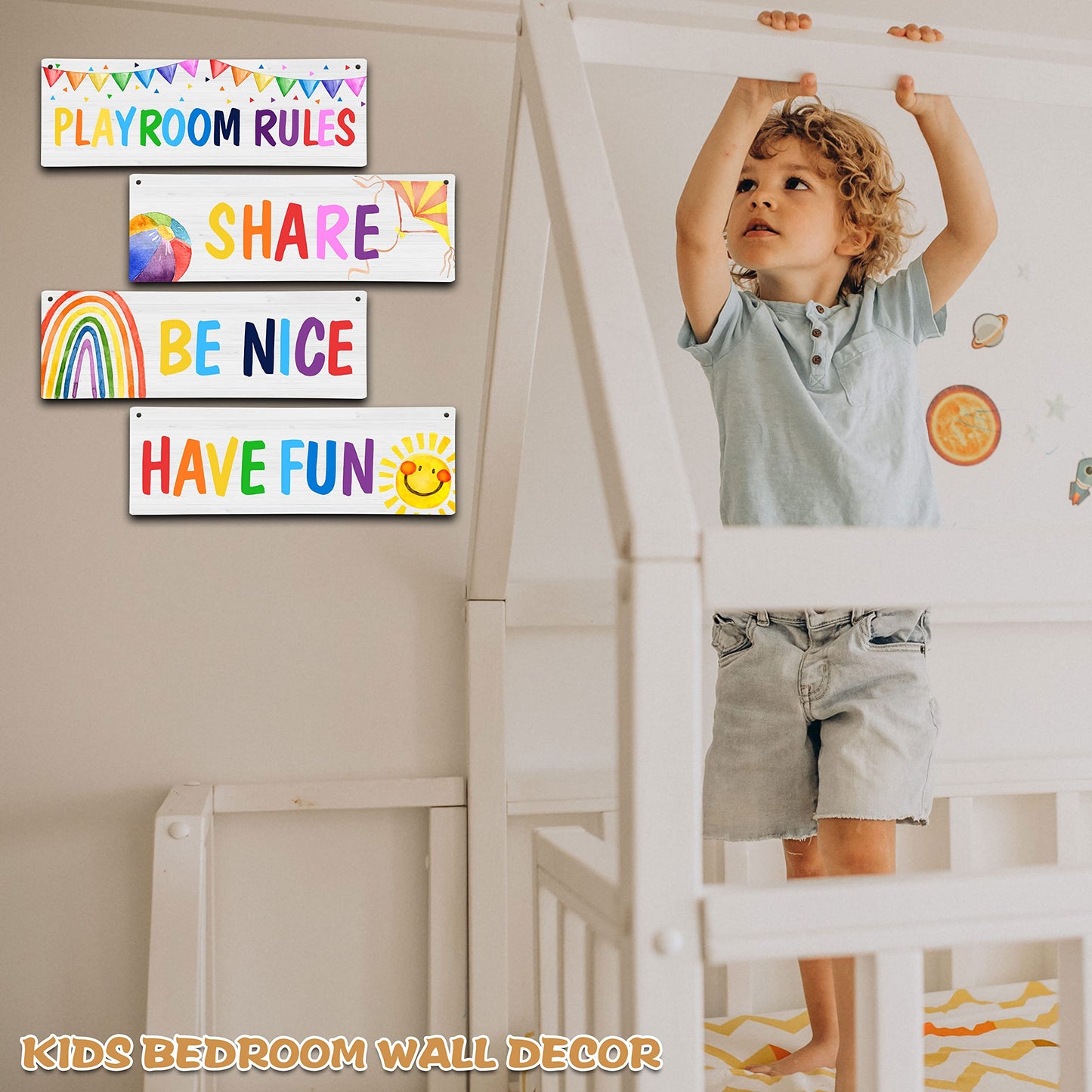 4 Pieces Playroom Decor Kids Room Wall Decor Wooden Sign - Rainbow Theme Motivational Wall Art For Kids Room Nursery Classroom - Playroom Rules Be Nice Share Have Fun(Sign-12)