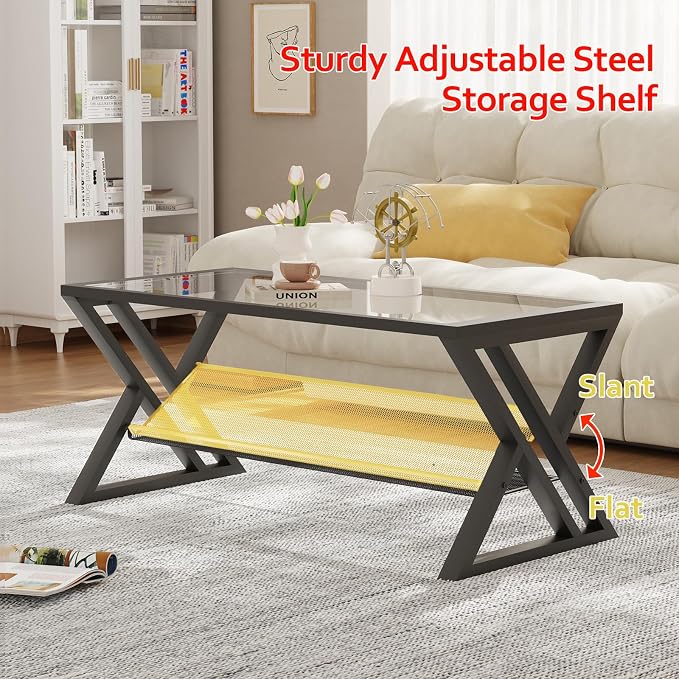 Wolawu Glass Coffee Table Living Room Table with Storage Shelf, Black Glass Table Simple Modern Rectangular Tables with Sturdy Black Metal Frame,Industrial Glass Coffee Table for Bedroom Home Office