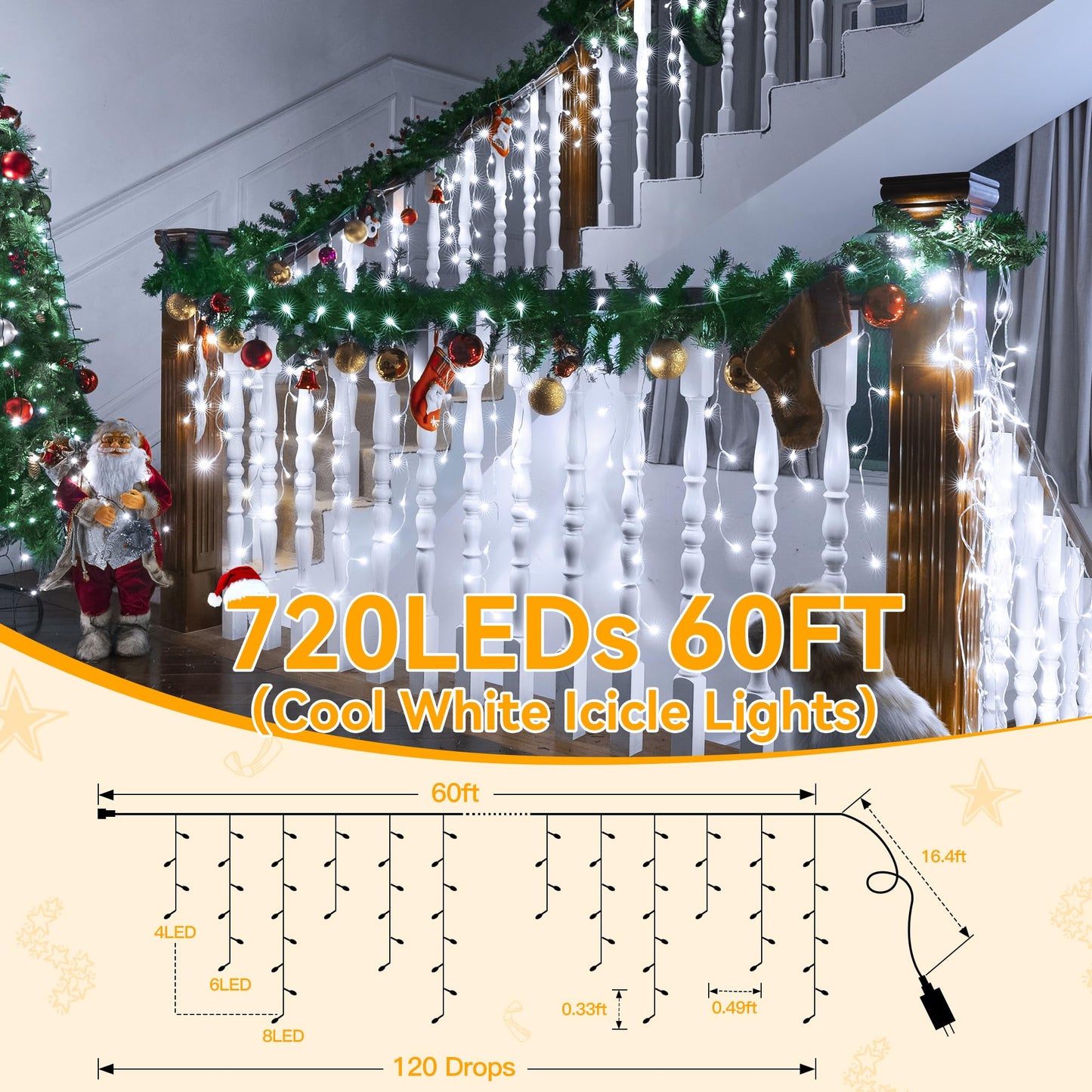 Ollny Icicle Lights 720LED 60FT, Cool White Christmas Lights with Remote 8 Modes Dimmable, Waterproof Connectable Timer Hanging Light for House Outdoor Outside Yard Indoor Decorations