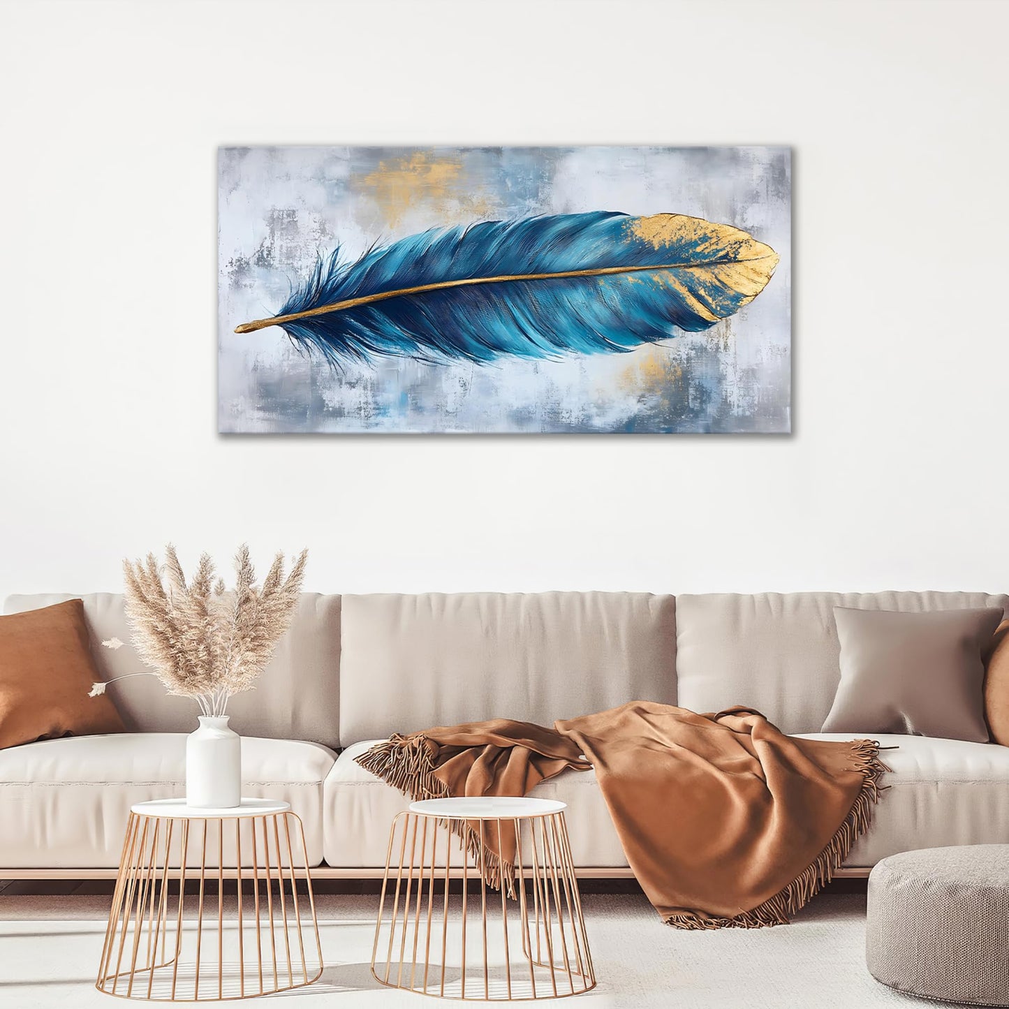 Blue Feather Large Wall Art for Living Room Modern Wall Decor for Bedroom Feather Pictures Feather Painting Framed Large Canvas Art Ready to Hang 30"x60"