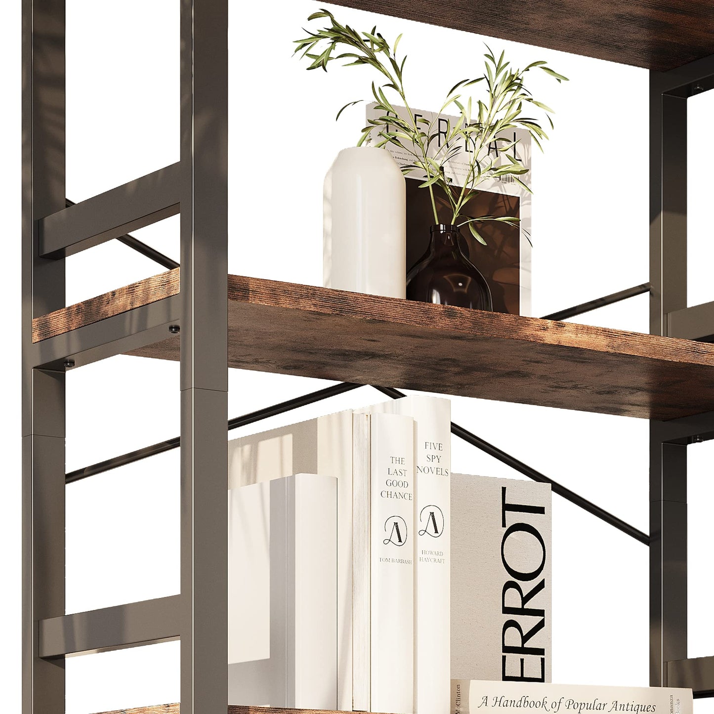 IRONCK Bookshelves and Bookcases, 31.5in Wide Shelf 5-Tier Ladder Shelf 110lbs/shelf Vintage Industrial Style Bookcase for Bedroom Living Room Home, Vintage Brown