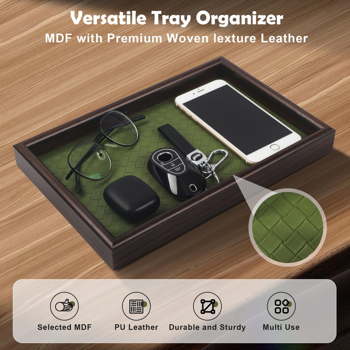 Zosenley Wooden Valet Tray with Leather Base - Nightstand Catchall Organizer for Cologne, Perfume, Keys, Wallet, Phone, Watch, Jewelry & Sunglasses (Green)