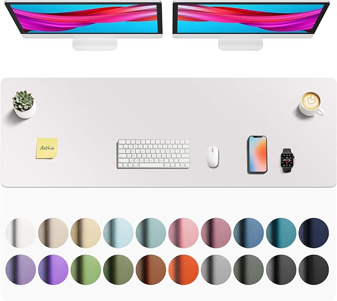 Aothia Faux Leather Desk Mat - Non-Slip PU Leather Desk Blotter, Waterproof Writing Surface, Large Desk Pad for Office & Home (Pale Lavender White, 55" x 17")