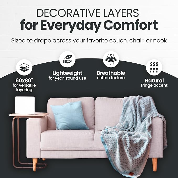 Gold Case Throw Blanket for Couch - 100% Recycled Turkish Cotton Blankets & Throws - Vintage Soft Throw Blankets for Living Room - Boho Decorative Woven Couch Blanket - 60x80 - Aqua