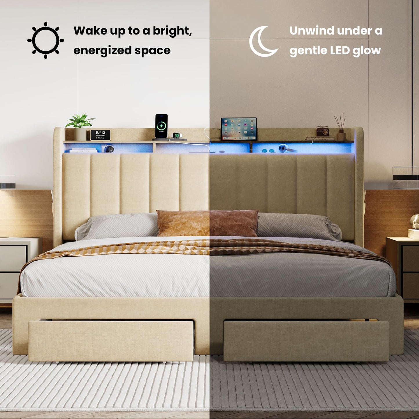 SHA CERLIN King Size Platform Bed Frame with Vertical Channel Tufted Wingback Headboard & 2 Storage Drawers/2-Tier Shelves with LED Lights & Charging Station/Noise-Free/No Box Spring Needed/Beige