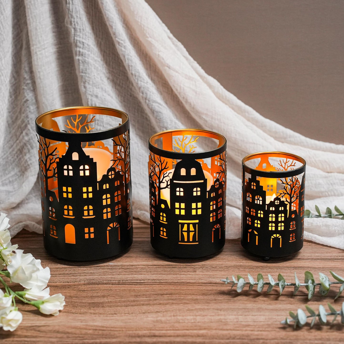 TRIROCKS Village Silhouette Candle Lantern 7.5" H Etched Bronze Metal Candle Holder Decorations for Living Room Tabletop Parties Patio Entryway Indoors Outdoors(3PCS)