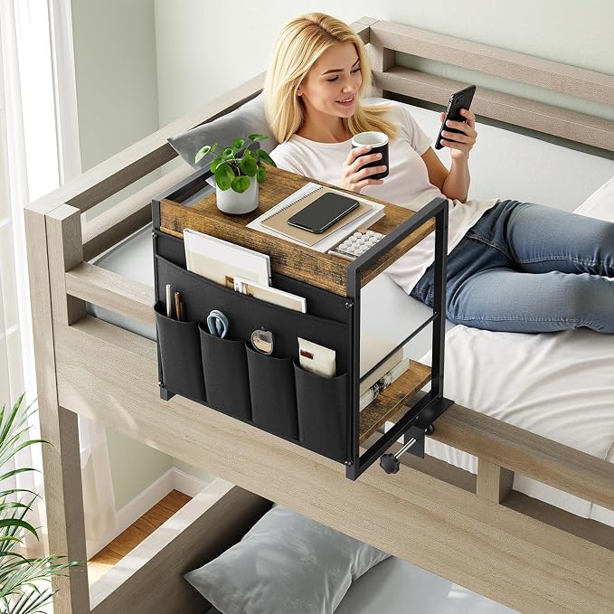 YATINEY Bedside Shelf, Bunk Bed Shelf with Storage, Clip-on Loft & Bunk Bed Tray Shelf, Nightstand for Sofa, College Dorm Room, Apartment, Rustic Brown and Black ET20BR
