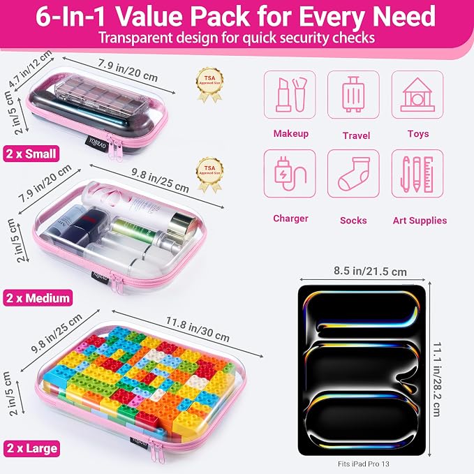 YQBRAO 6 Pack Soft Pink Clear Hard Shell Zipper Case, 1.2mm Crush-Proof Makeup Bag & Skincare Organizer, Heavy Duty Travel Pouches for Toiletries, Art Supplies & Daily Carry (2L+2M+2S)
