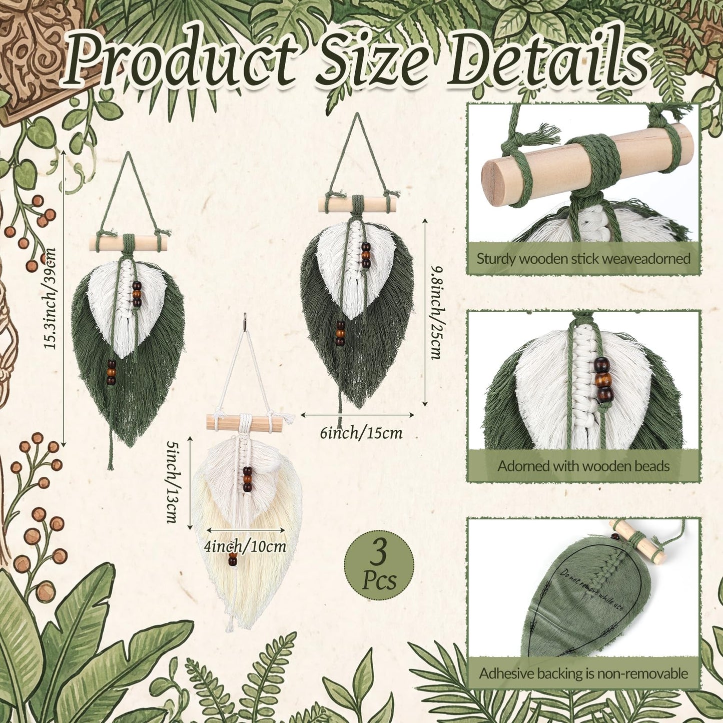 Hoteam 3 Pcs Leaf Tassel Macrame Wall Hanging Handmade Bohemian Sage Green Leaf Wall Tapestry Wooden Bead Hanging Ornament for Nursery Bedroom Living Room Apartment Home Backdrop