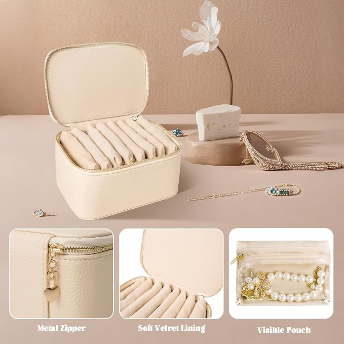 Travel Jewelry Case, Small Travel Jewelry Box with 8 Velvet Jewelry Bag Mini Pouch, Portable Travel Jewelry Organizer for Rings Earrings Necklaces (Beige 8 Pcs)