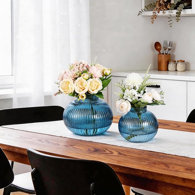 Blue Glass Vases for Tulips, Set of 2, Flower Vases for Bouquet, Ribbed Glass Vase for Flowers, Short Vase for Living Room, Office, Coffee Table, Shelf, Wedding