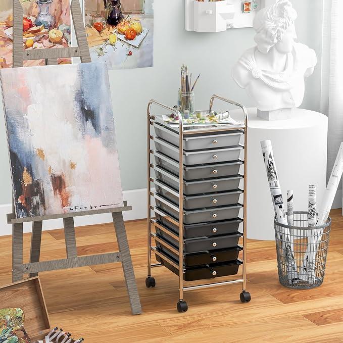 MEDIMALL 10 Drawers Rolling Storage Cart, Multipurpose Craft Storage Cart with Wheels, Mobile Tools Scrapbook Paper Organizer Cart for Office School Home Use