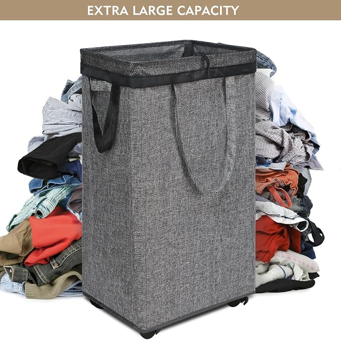 DOKEHOM 90L X-Large Laundry Basket with Removable Wash Bag on Wheels, Collapsible Rolling Laundry Hamper, Foldable Clothes Organizer, Folding Washing Bin (Linen Grey)