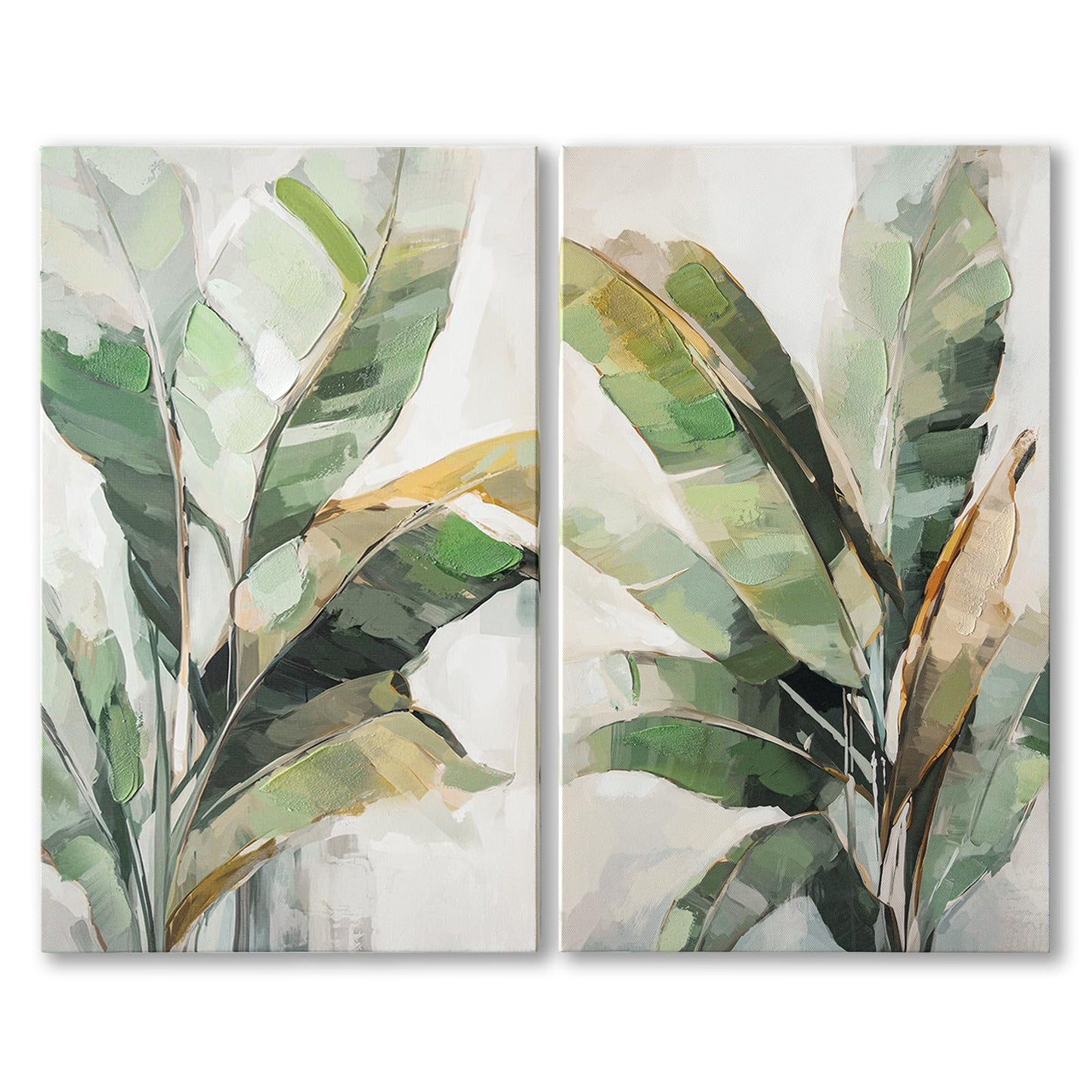 Botanical Wall Art Set Hand Painted, for Living Room plant wall art,Green Tropical Plant Leaf Wall Decor, Modern Banana Leaf Wall Painting, for Bedroom, Dining Room, Office - 12x20 Inch 2pack