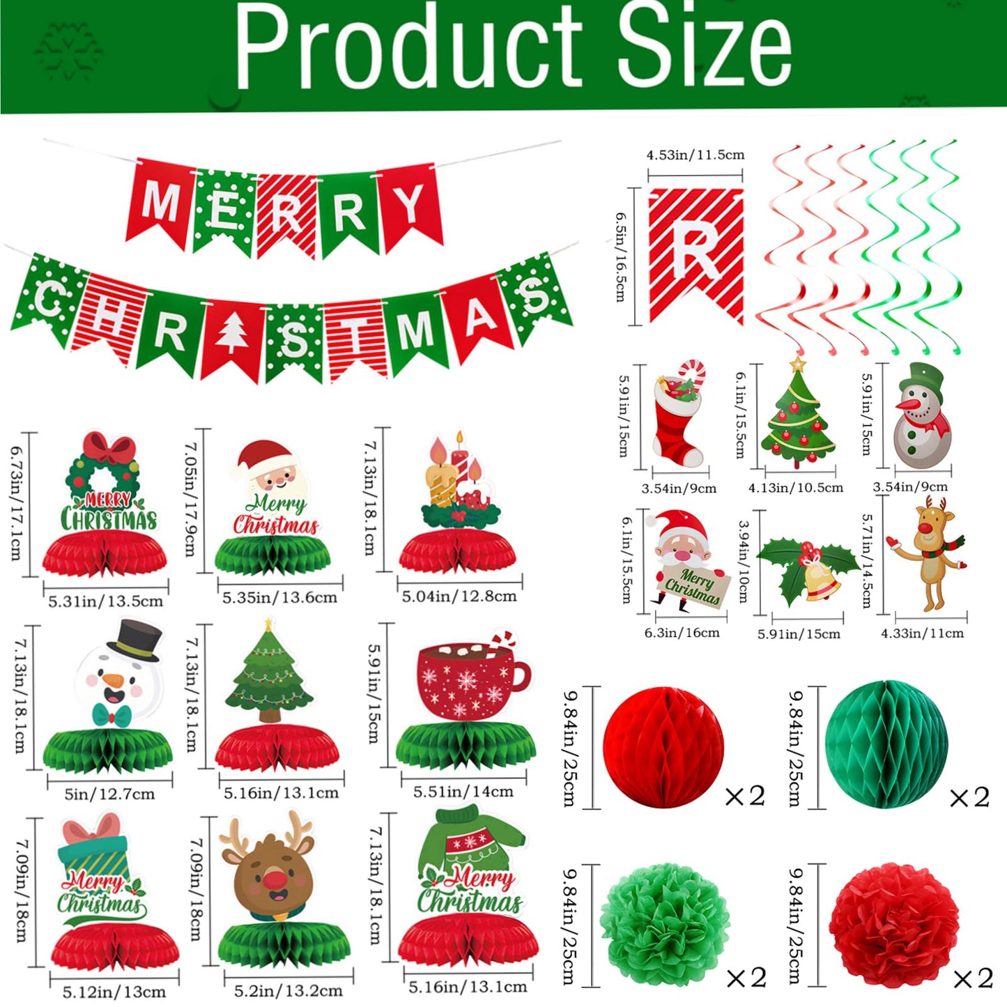 KUANINUNAR Merry Christmas Party Decoration Banner Set Paper Fan Flower Xmas Bunting ,Swirls Streamers Christmas Tree Xmas Stocking Santa Table Decorations