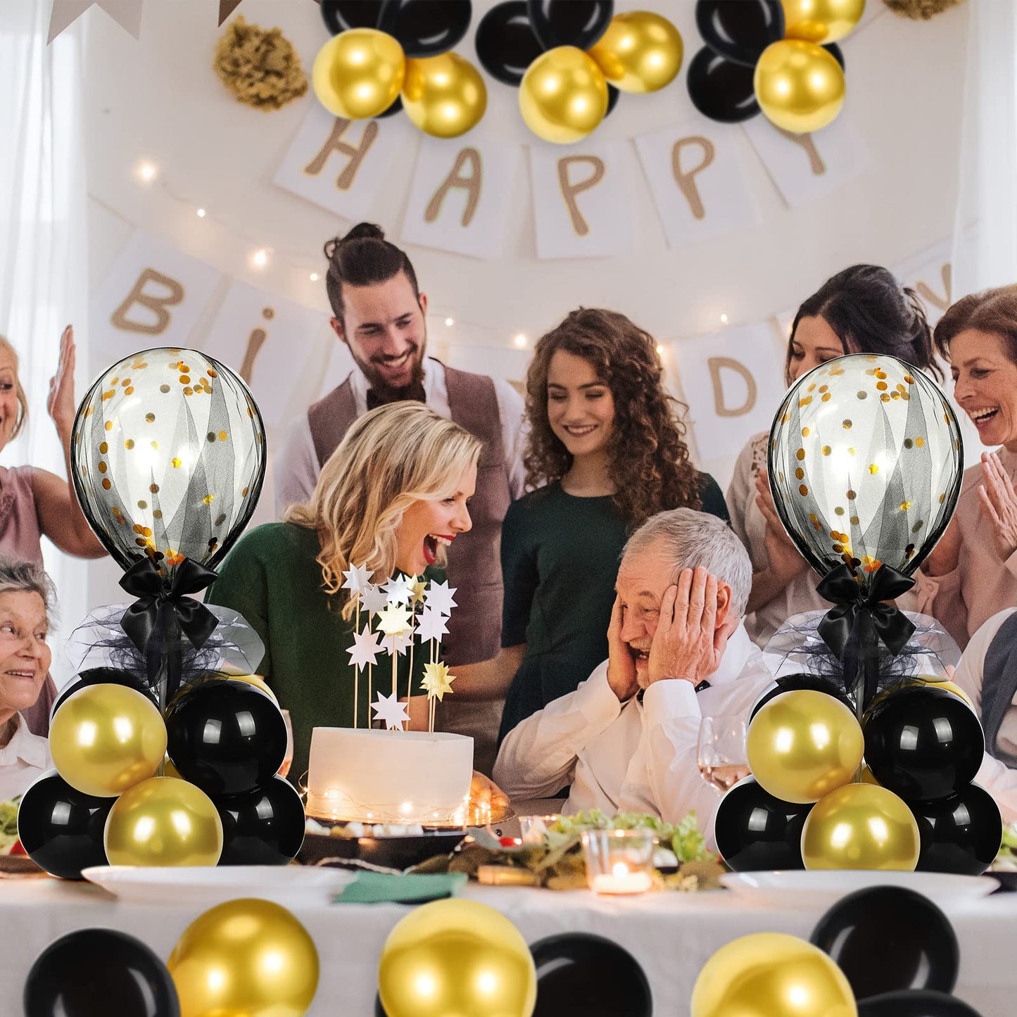 BBTO 8 Set Gold Black Table Centerpieces Balloons Stand Kit, Latex Balloons and Table Stand Holder with Base Tulle for Wedding Birthday Mother's Day Baby Shower Party